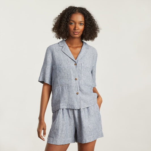 The Linen Workwear Shirt | Blue Pinstripe