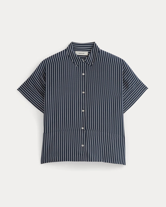 The Boxy Shirt in Washable Silk | True Navy / Bone Stripe