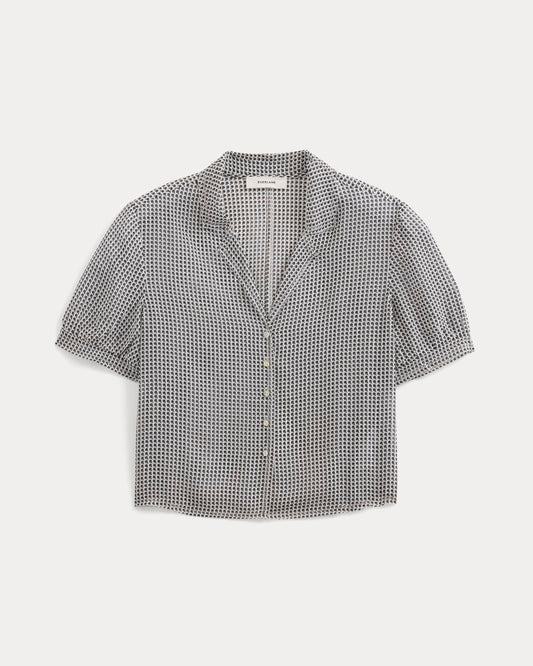 Notch Collar Shirt in Silk Georgette | Gardenia/Black Micro Dot