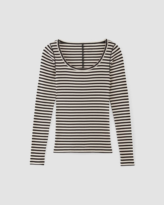 The Luxe Rib Long-Sleeve Scoop-Neck Tee | Bone / Black
