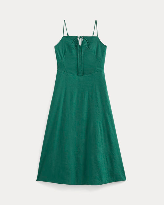 Tie-Neck Dress in Stretch Linen | Evergreen