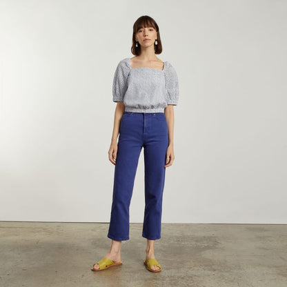 The Eyelet Puff Sleeve Top | Deep Blue / White