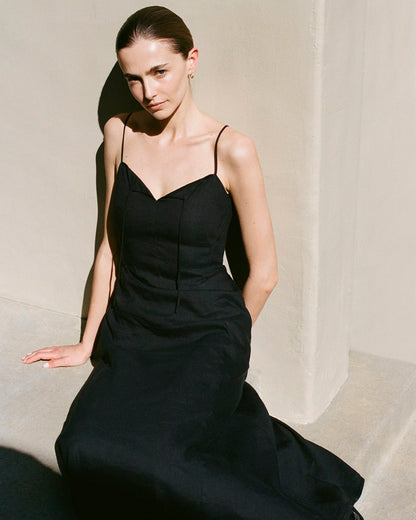Tie-Neck Dress in Stretch Linen | Black