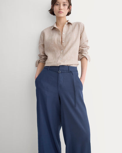 Wide-Leg Belted Pant in Stretch Linen | Navy | Regular