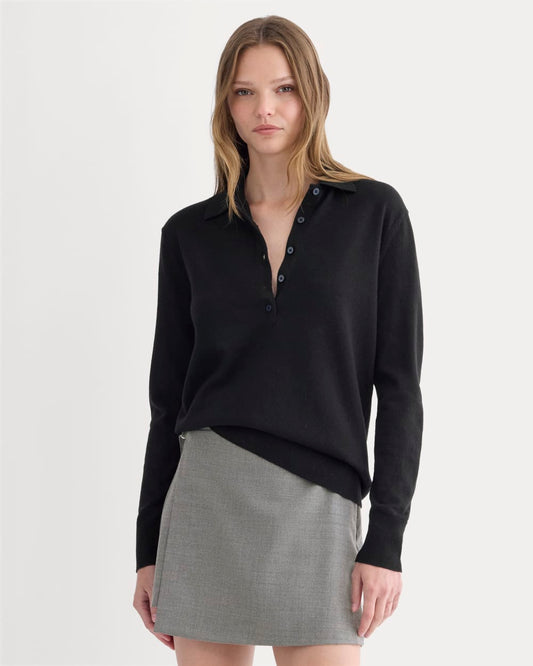 Oversized Polo Sweater in Cotton Merino | Black