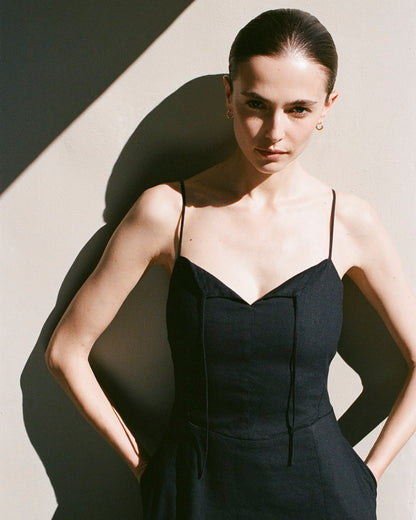 Tie-Neck Dress in Stretch Linen | Black