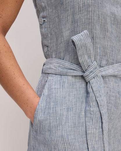 The Linen Side-Button Jumpsuit | White / Blue