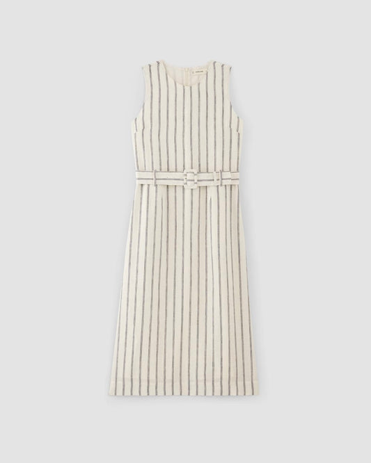 The Linen Belted Midi Dress | Bone/Navy