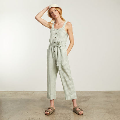 The Linen Jumpsuit | Seafoam Pinstripe