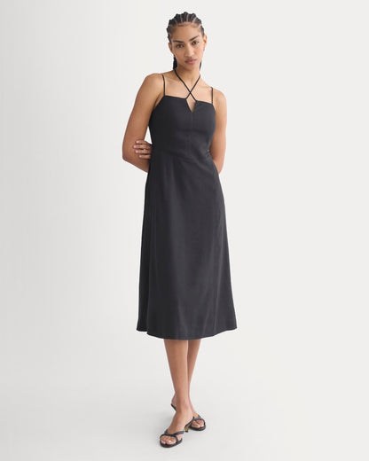 Tie-Neck Dress in Stretch Linen | Black