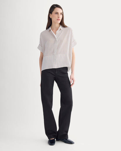 The Boxy Shirt in Washable Silk | Bone / Toffee Stripe