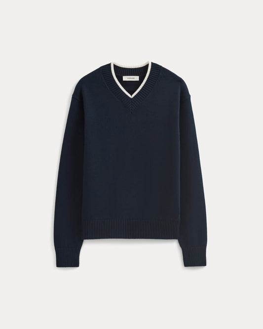 Relaxed V-Neck Sweater in Everyday Cotton | Deep Navy
