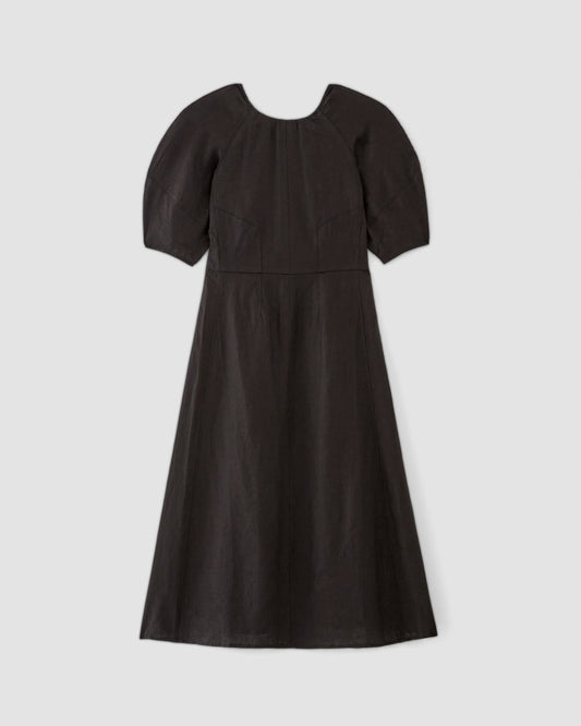 The Linen Short-Sleeve Scoop Midi Dress | Black