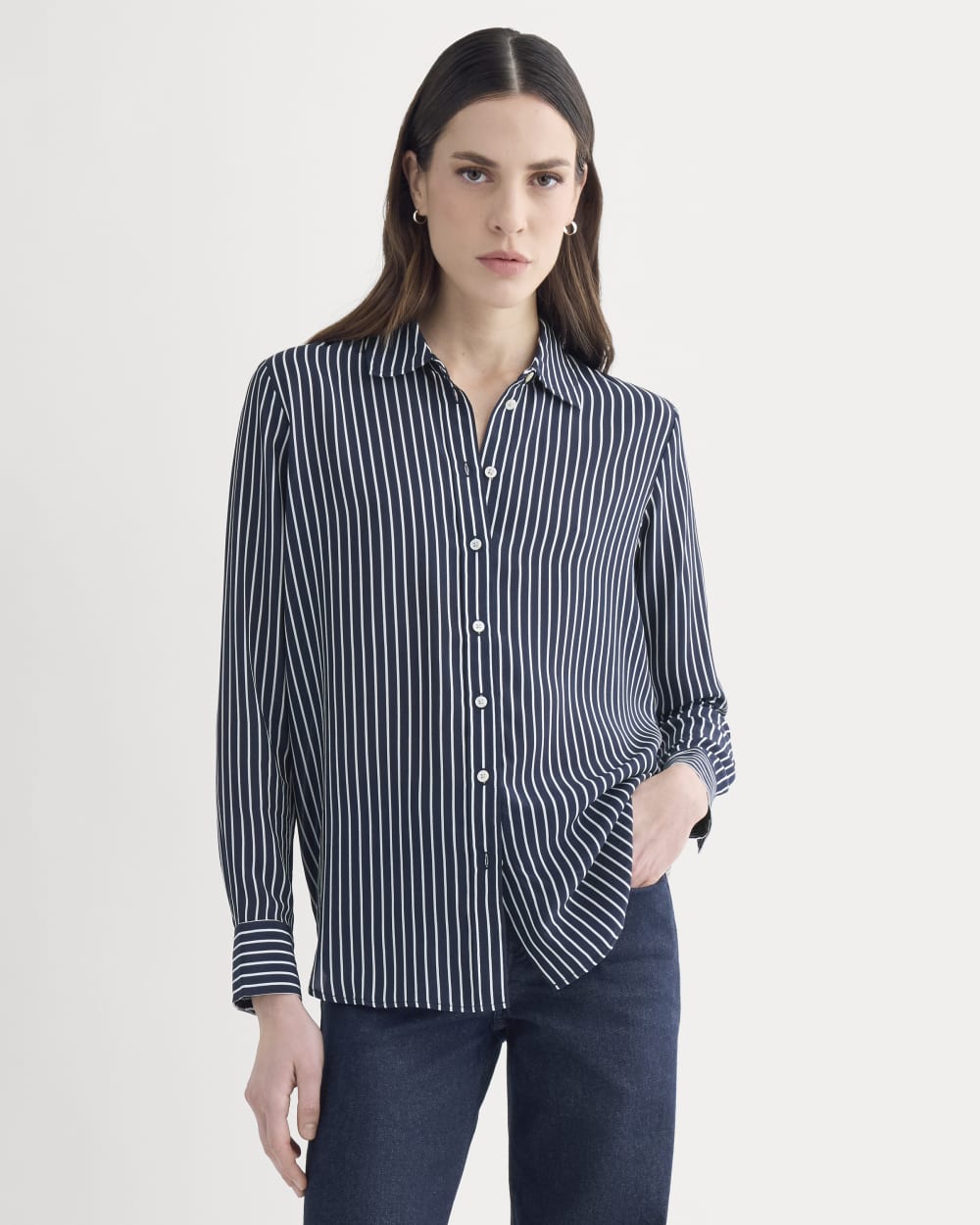 The Must-Have Shirt in Washable Silk | True Navy / Bone Stripe