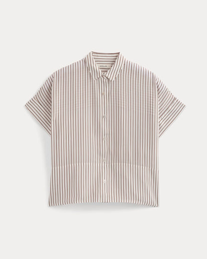 The Boxy Shirt in Washable Silk | Bone / Toffee Stripe